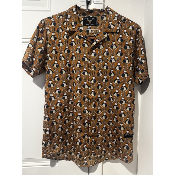 Original IKAT Handmade Button Shirt King Penguin Pattern Streetwear Brown M Mens